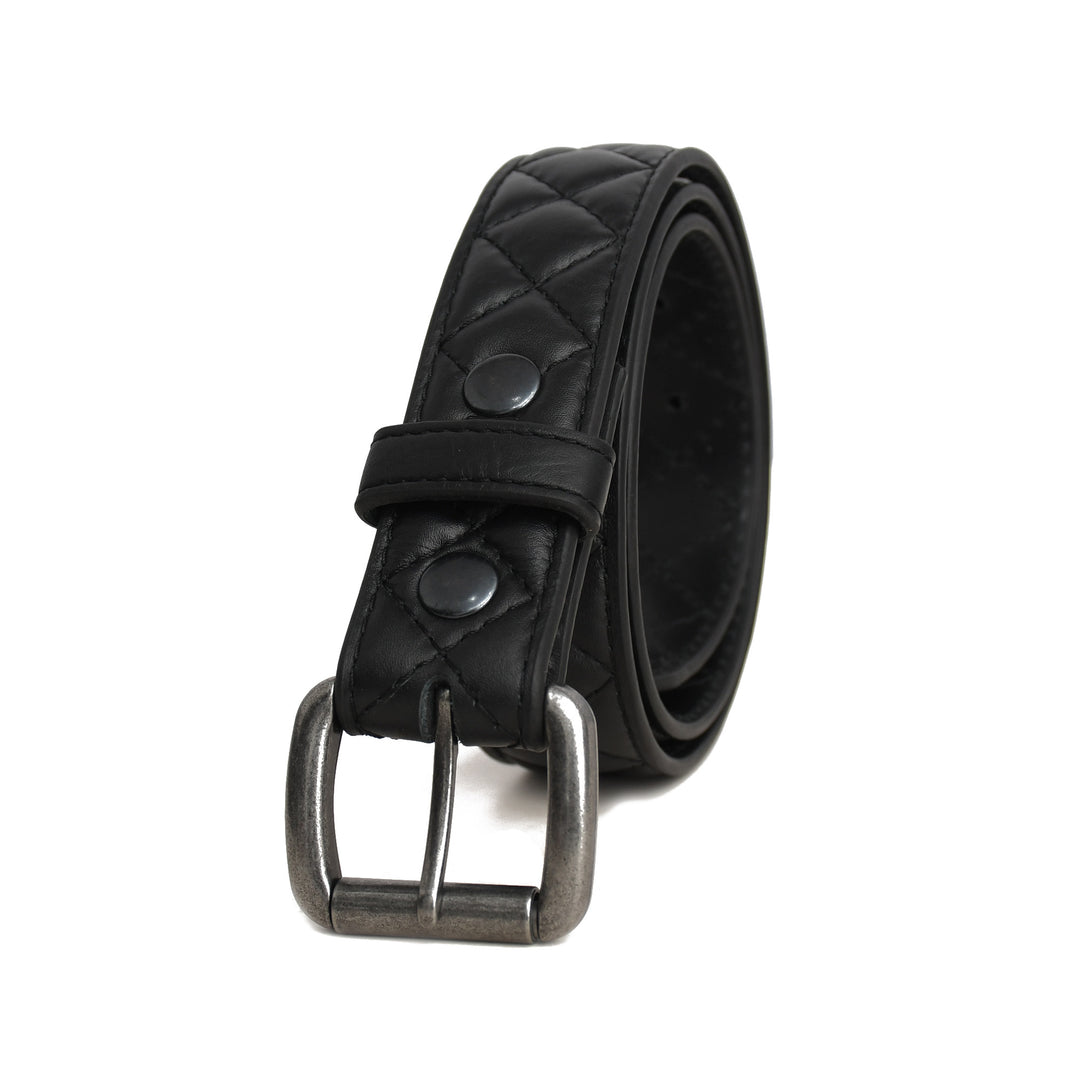Black leather belt with a silver buckle on a white background
