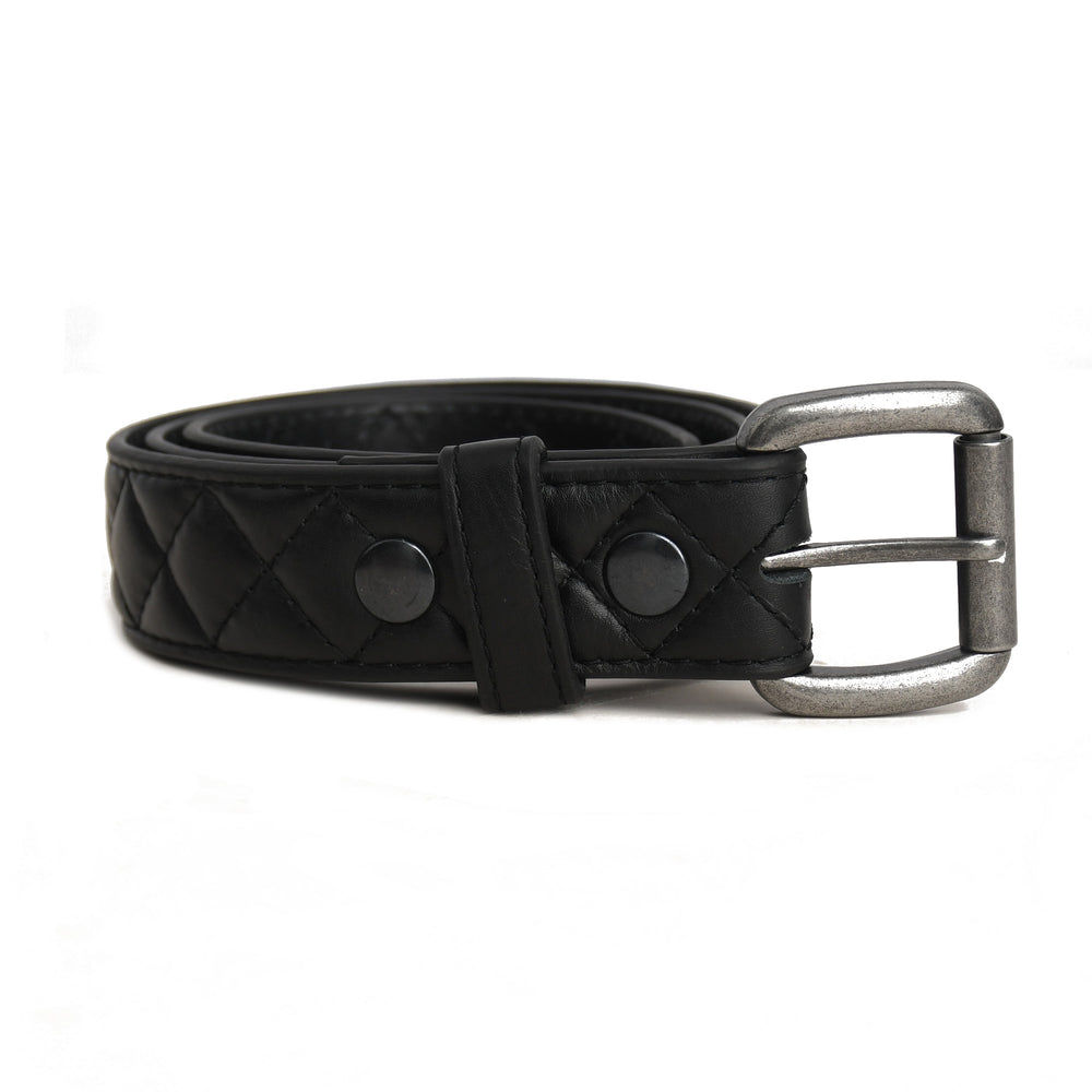 Black leather belt with silver buckle on a white background