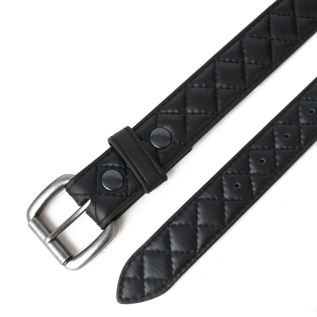 Black quilted leather belt with a silver buckle on a white background