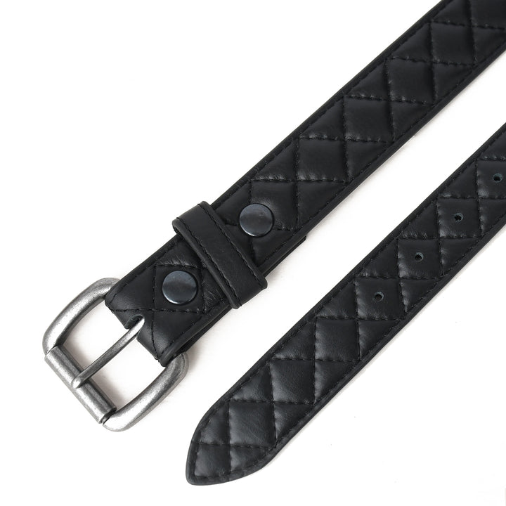 Black quilted leather belt with a silver buckle on a white background