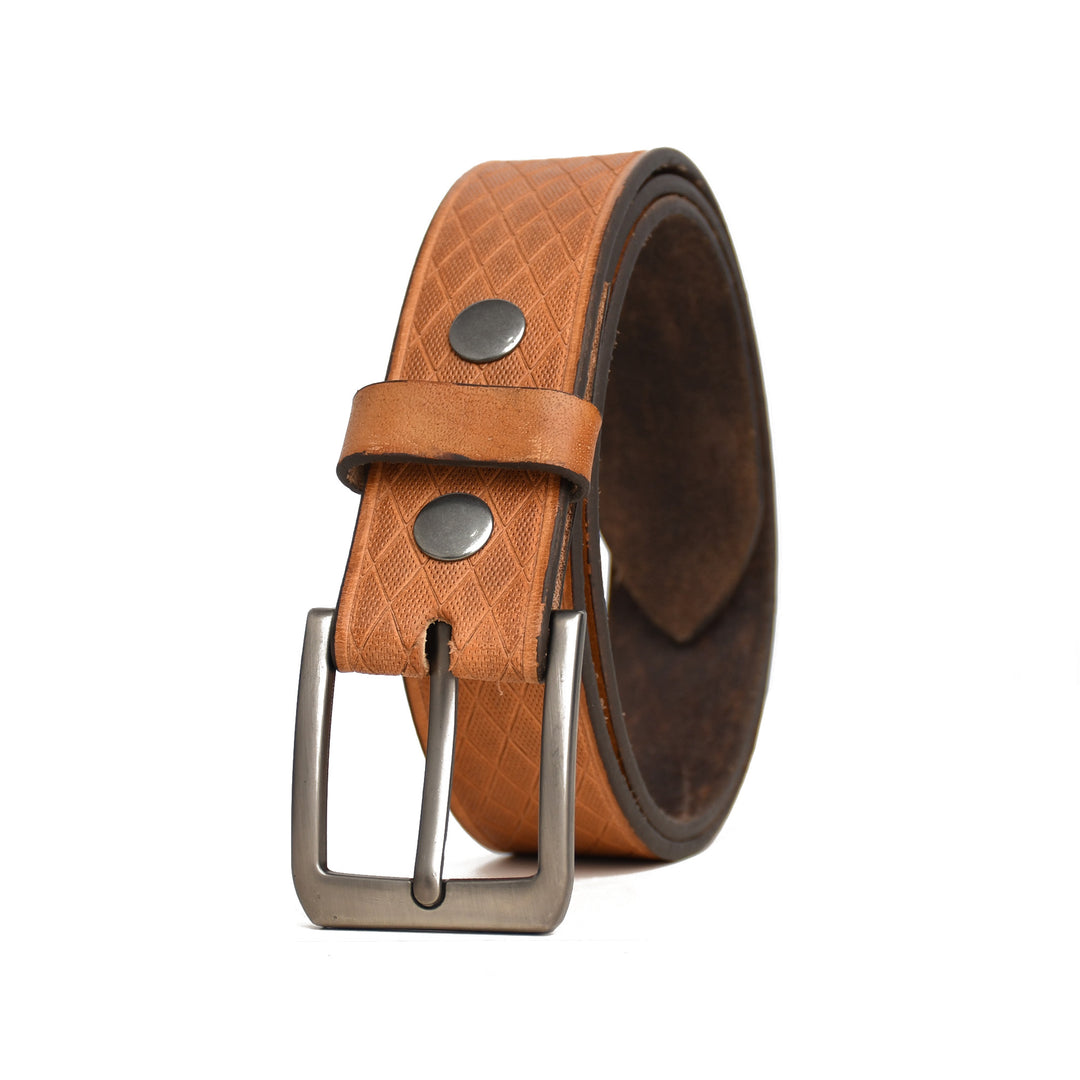 Brown leather belt with silver buckle on a white background