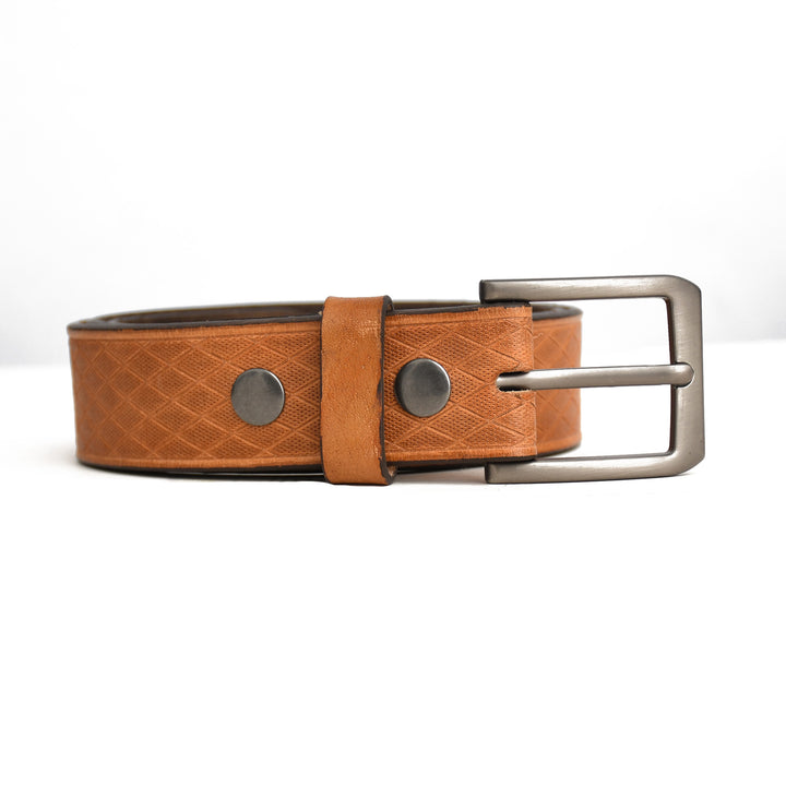 Brown leather belt with silver buckle on a white background