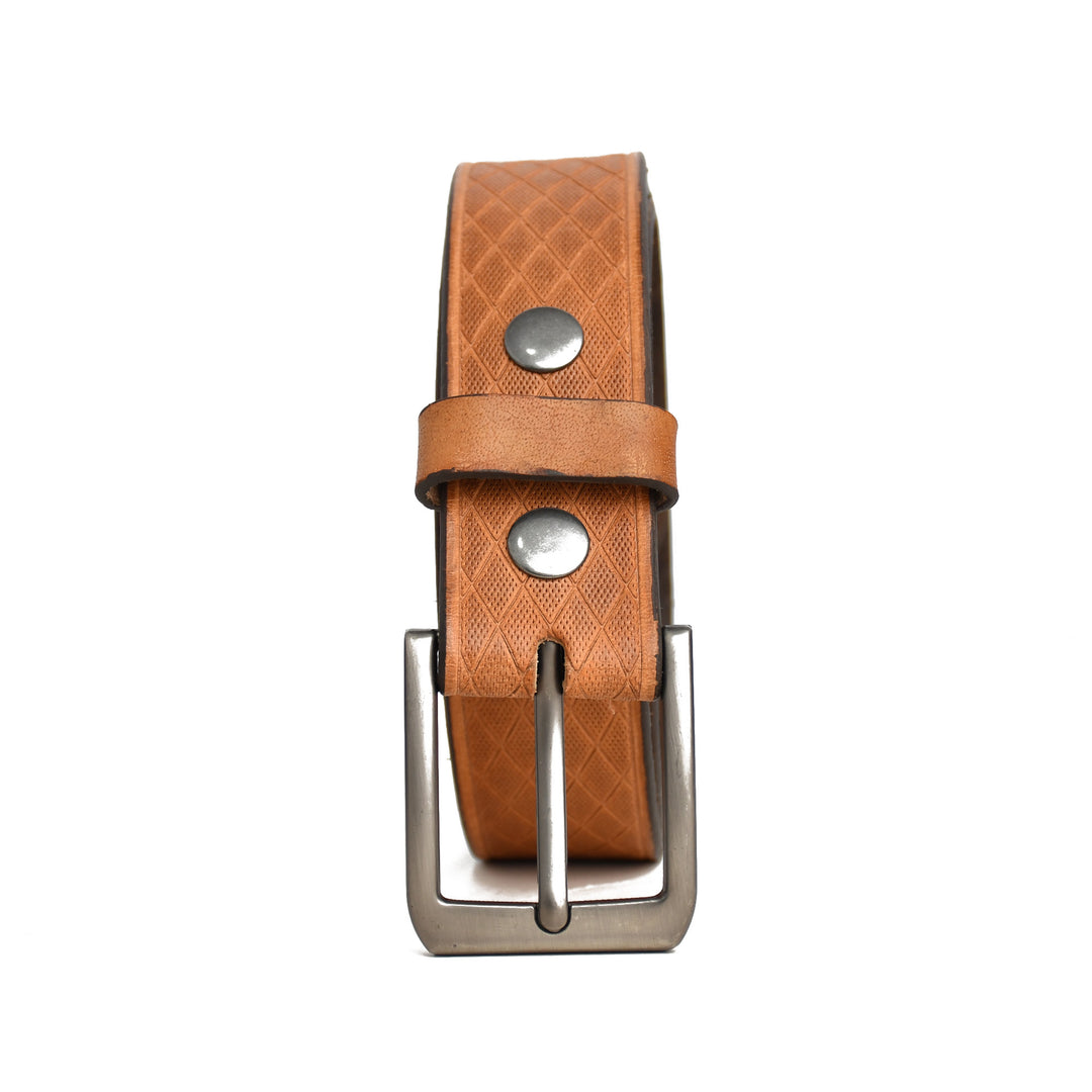 Brown leather belt with silver buckle on a white background