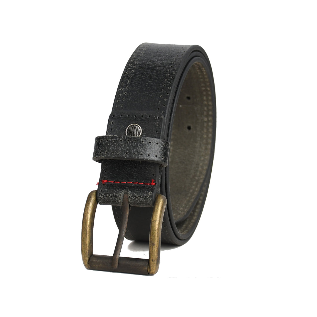 Black leather belt with a brass buckle on a white background