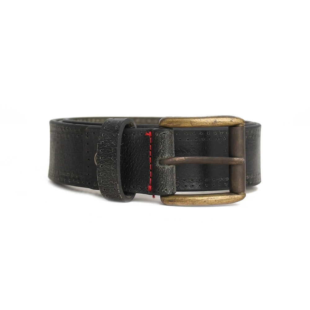 Black leather belt with a brown buckle on a white background