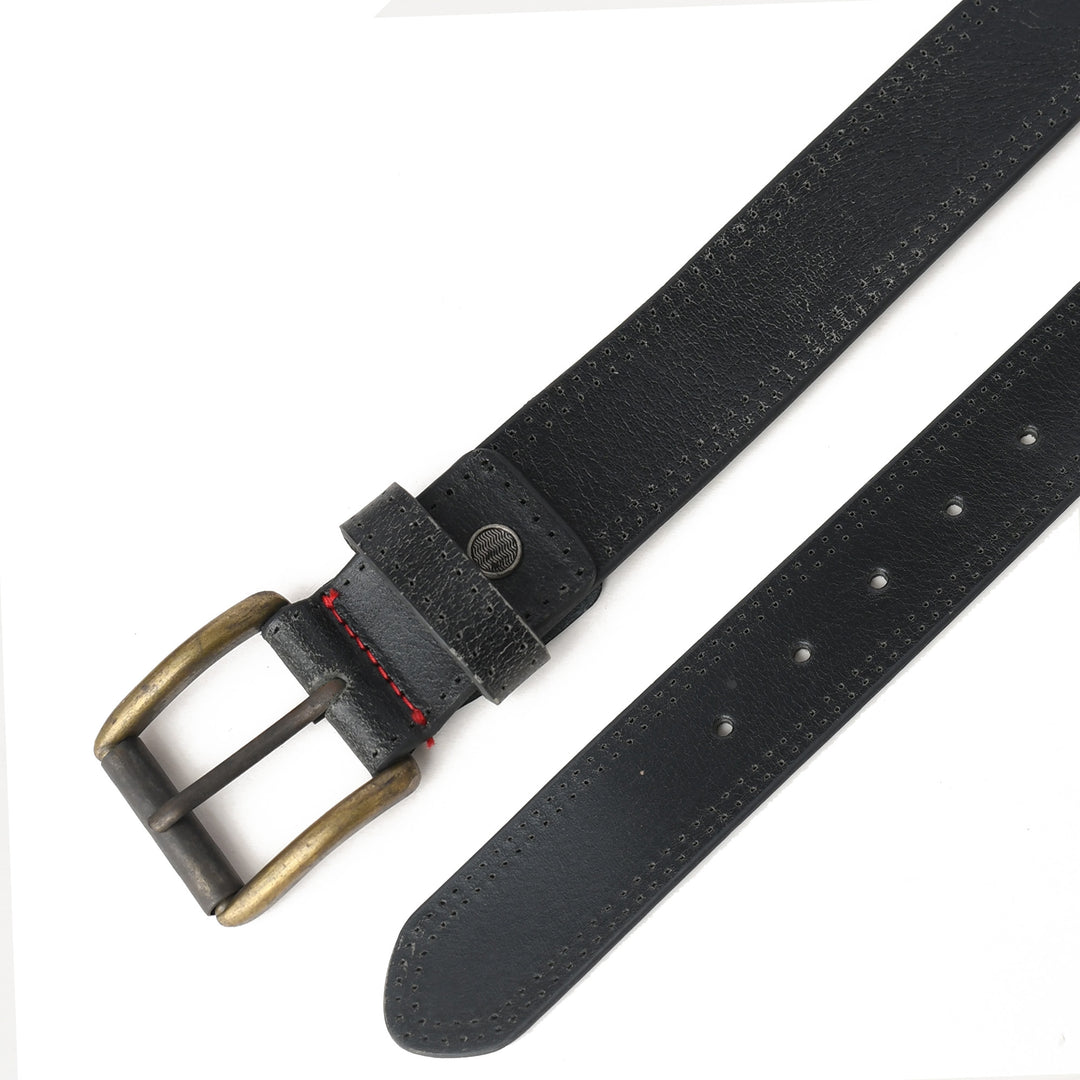 Black leather belt with a brass buckle on a white background