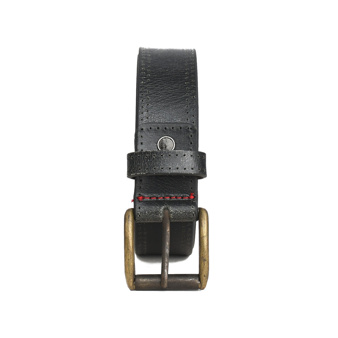 Black leather belt with brass buckle on a white background
