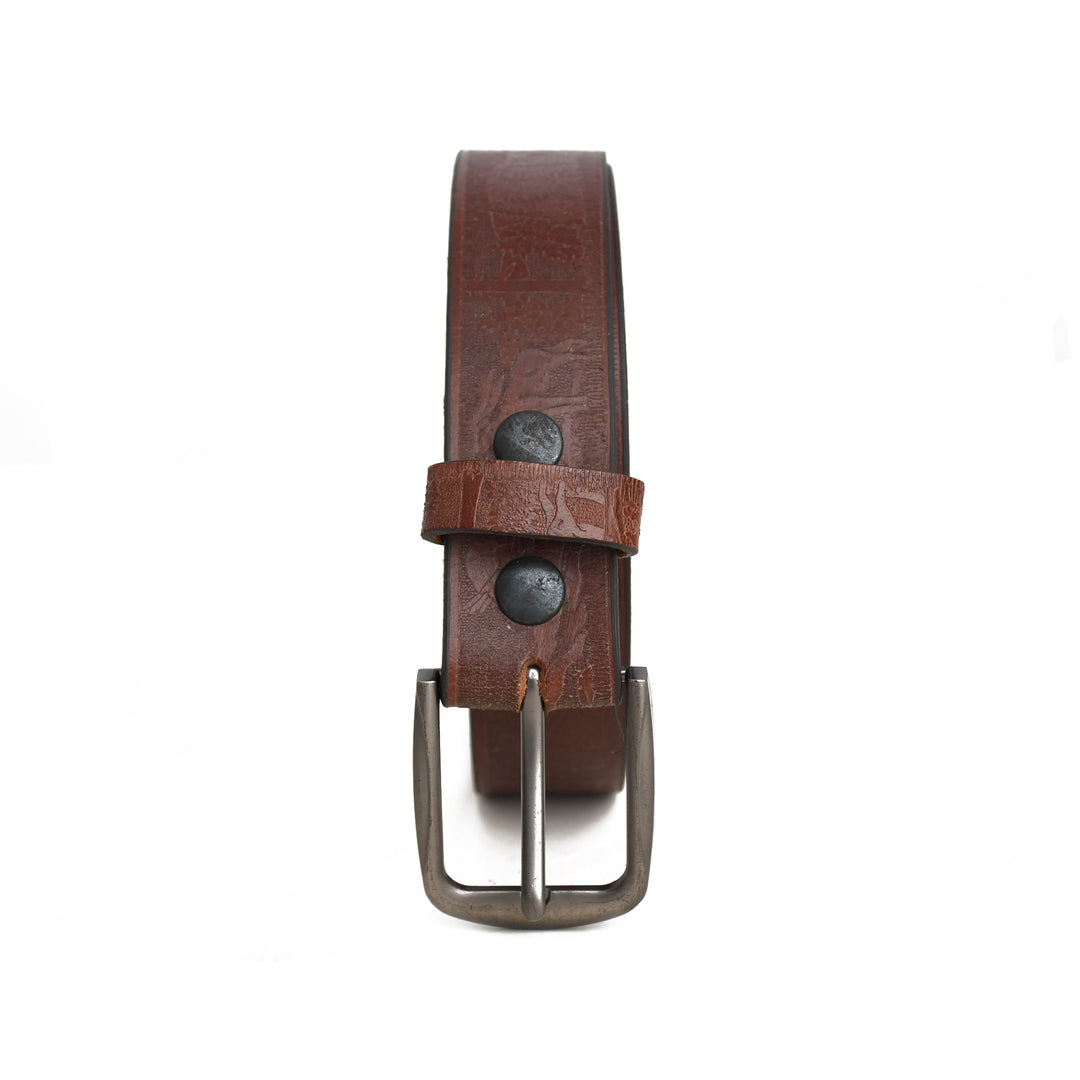 Brown leather belt with a silver buckle on a white background