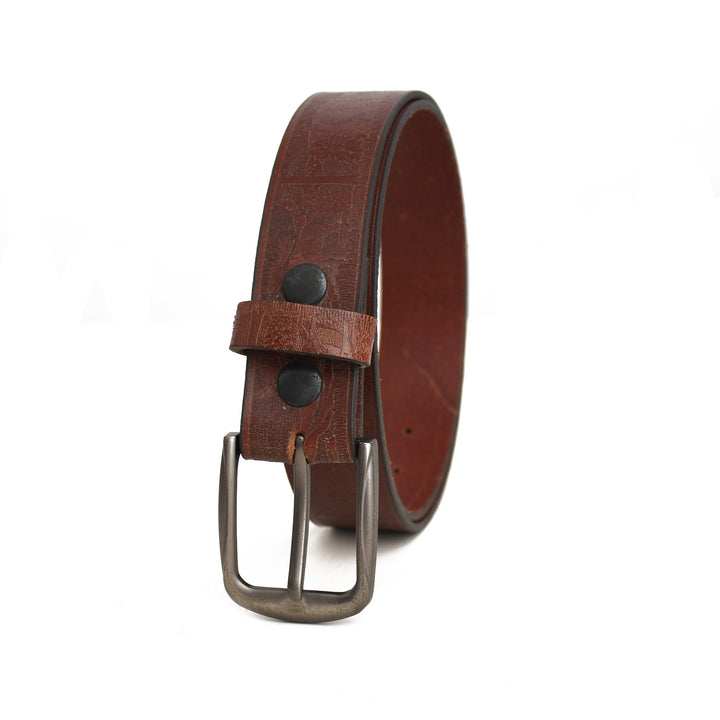 Brown leather belt with a silver buckle on a white background