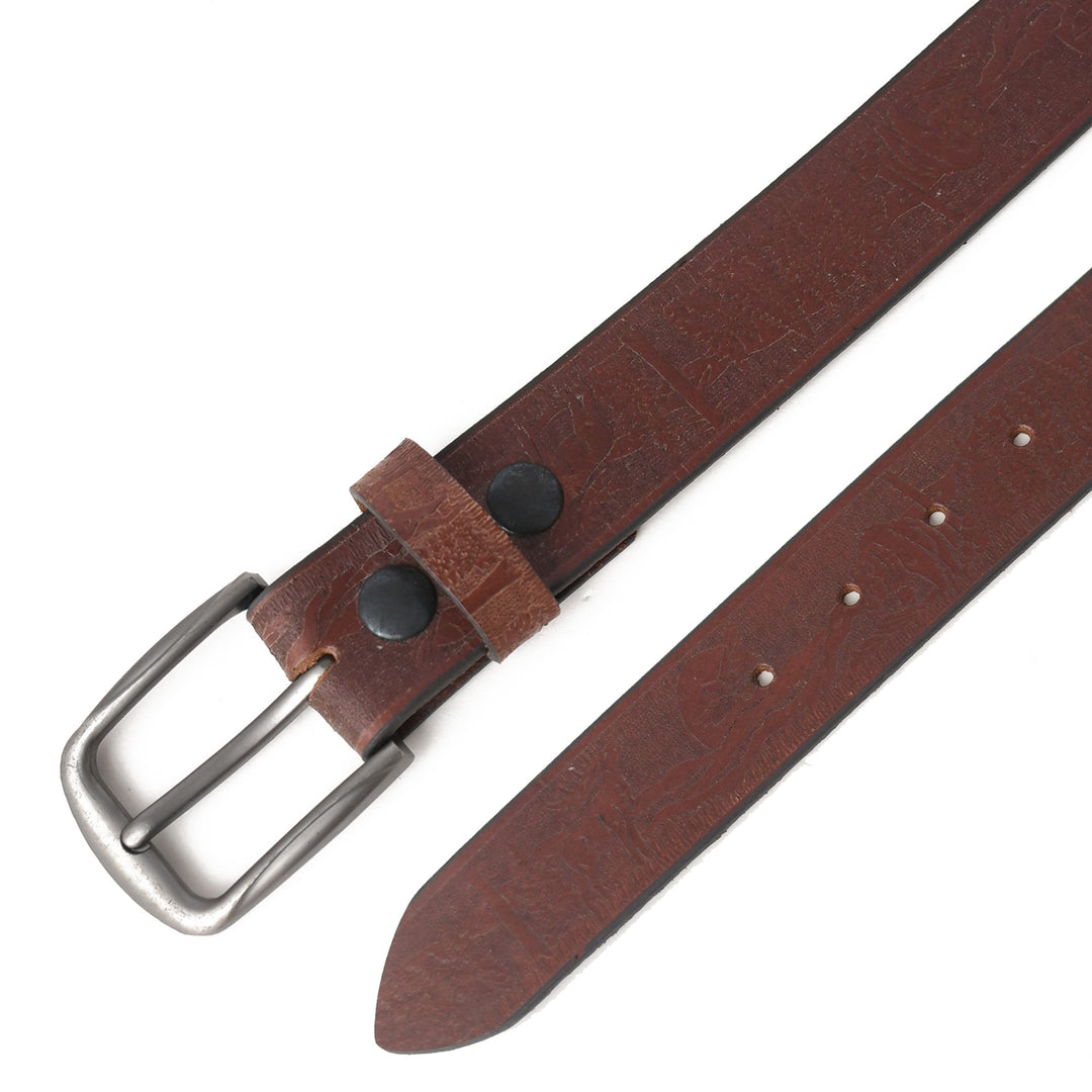 Brown leather belt with silver buckle on a white background