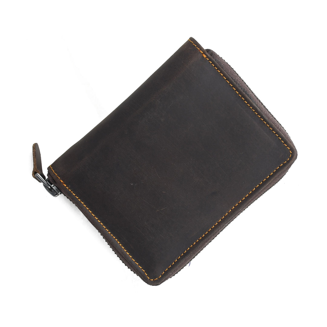 Black leather wallet with a zipper on a white background