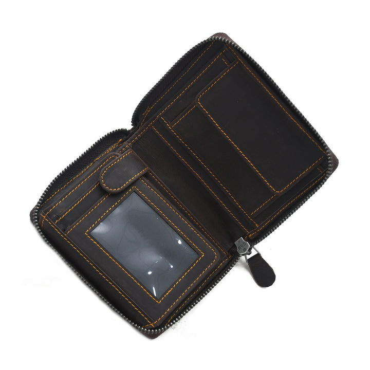 Black wallet with orange stitching on a white background