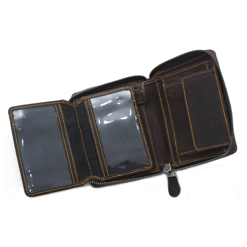 Black leather wallet with multiple card slots on a white background