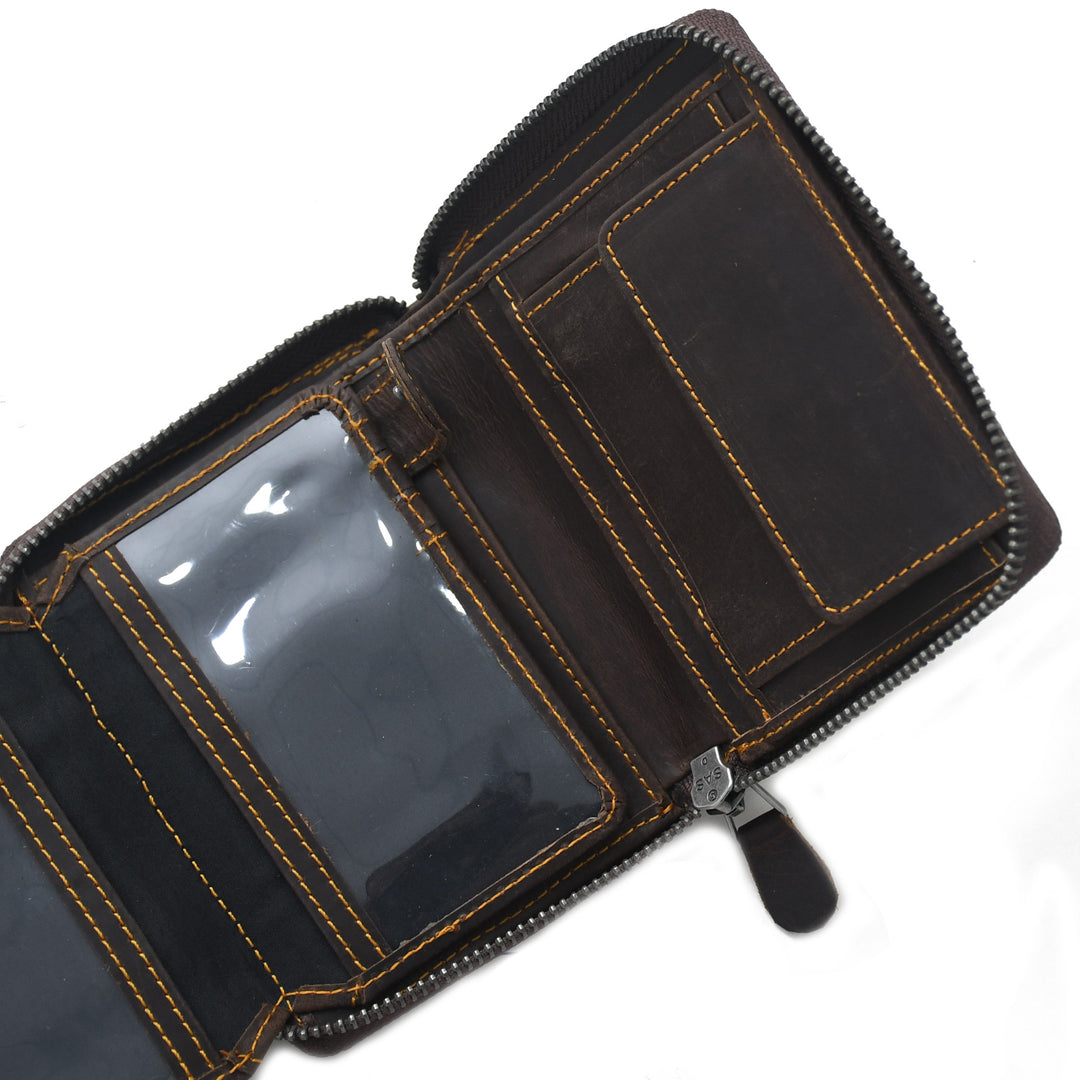 Black leather wallet with zipper on a white background