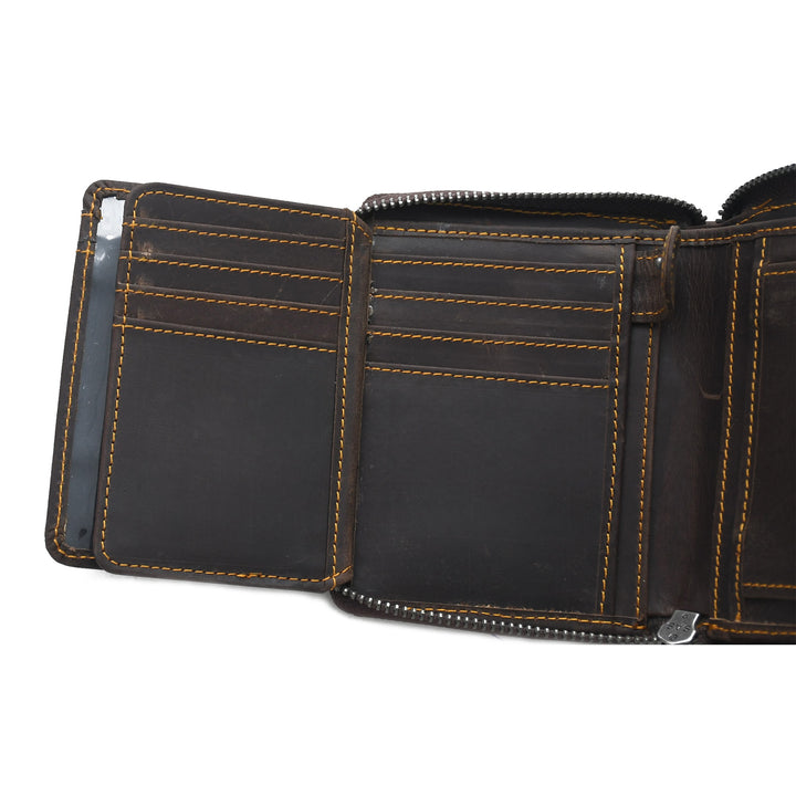 Brown leather wallet with visible stitching on a white background