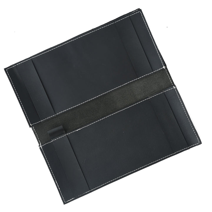 Black leather document holder on a white background