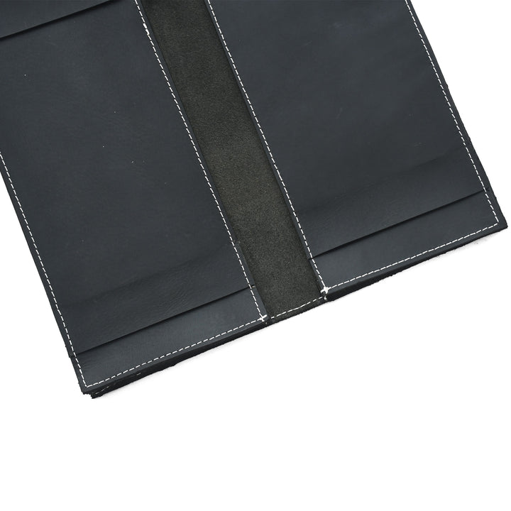 Close-up of a black leather wallet with white stitching on a white background