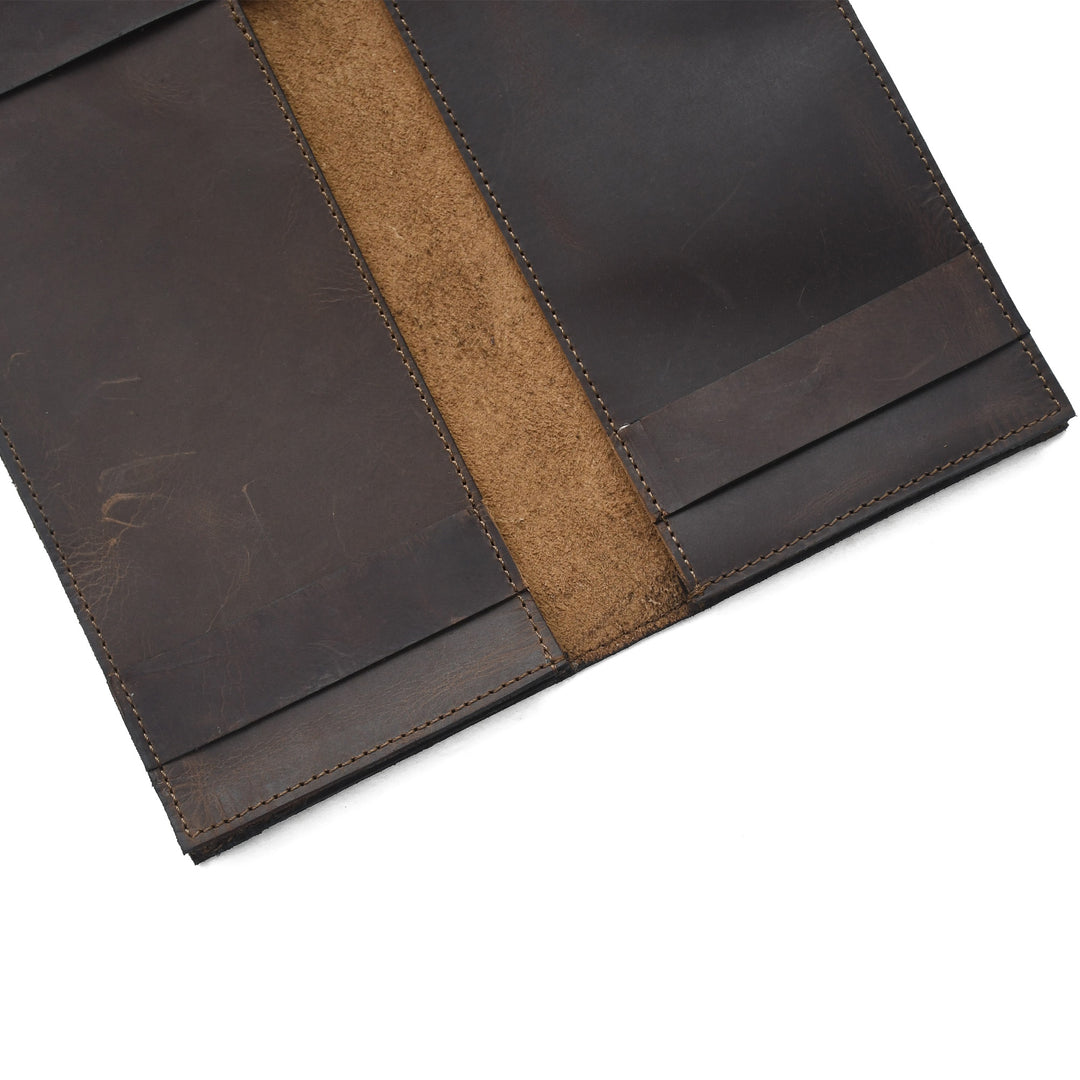 Brown leather sleeve with a visible stitching detail on a white background