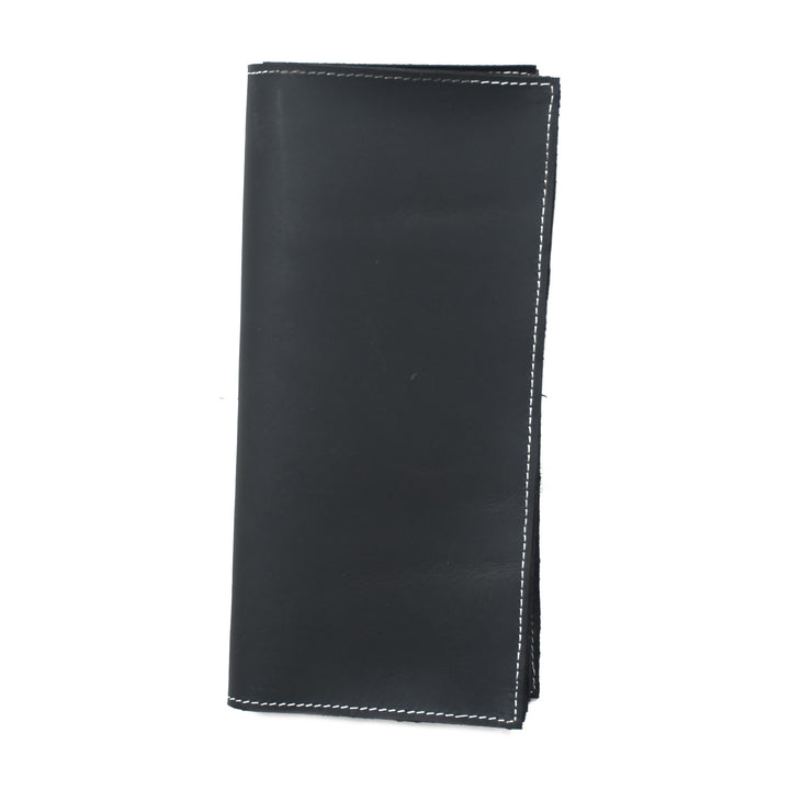 Black leather wallet with white stitching on a white background