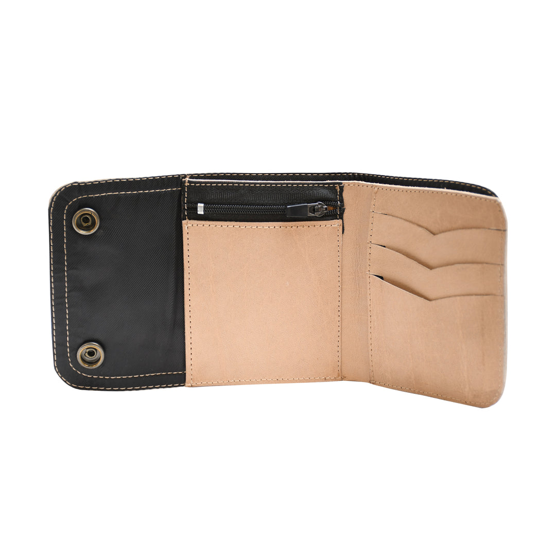 Two-tone wallet with black and beige sections on a white background