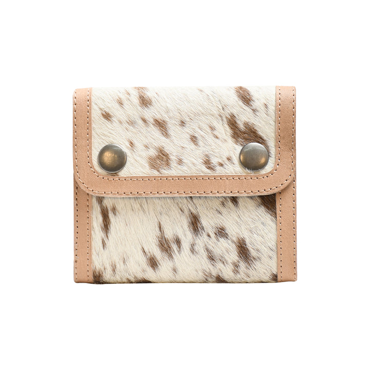 Small wallet with cowhide leather front and beige flap on a white background