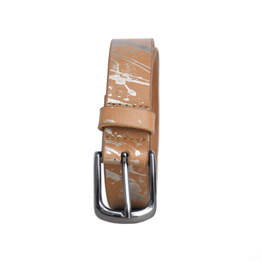 Brown leather belt with a silver buckle on a white background