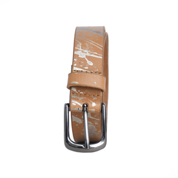 Brown leather belt with a silver buckle on a white background
