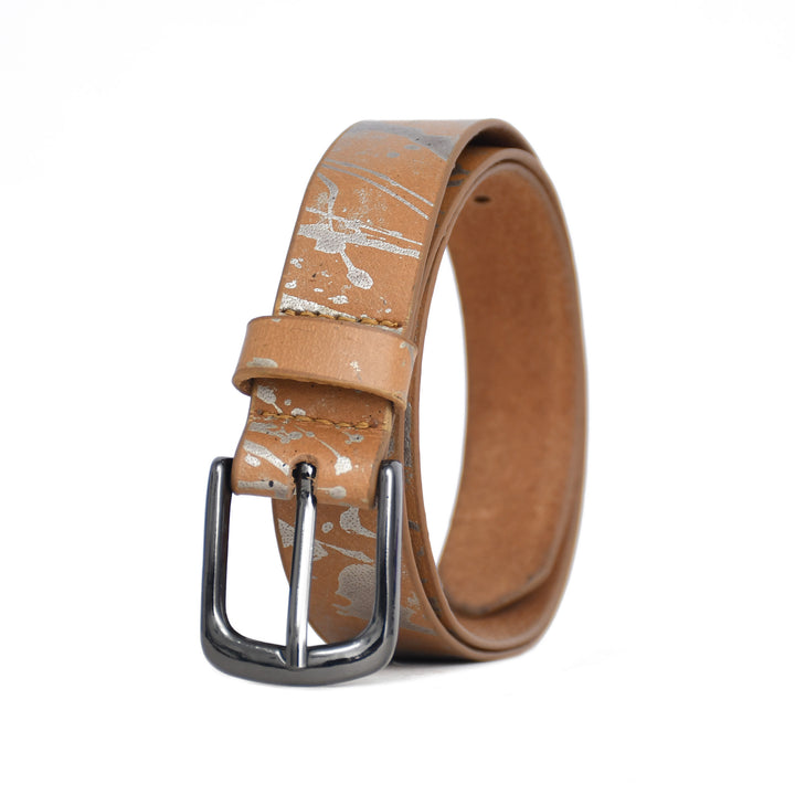 Brown leather belt with a silver buckle on a white background