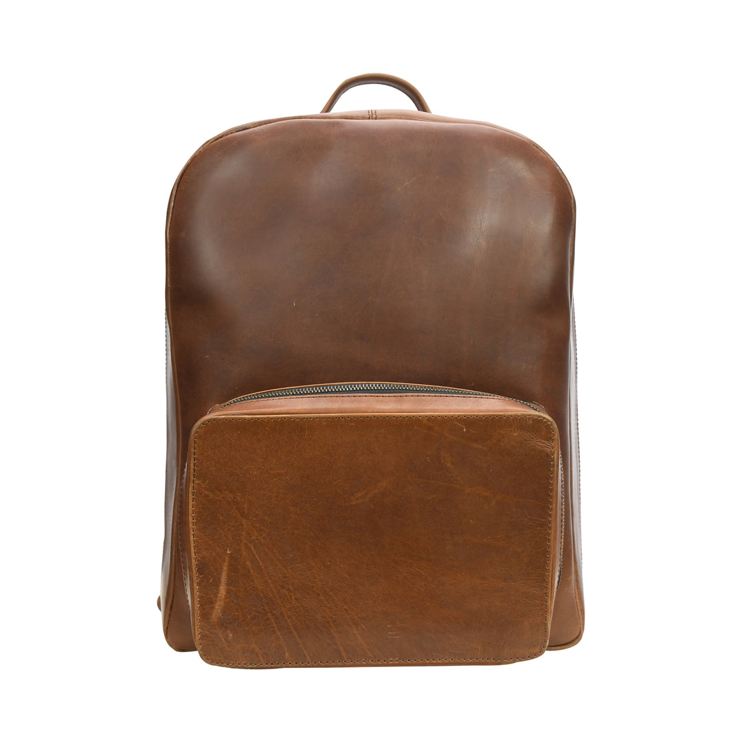 Brown leather backpack on a white background