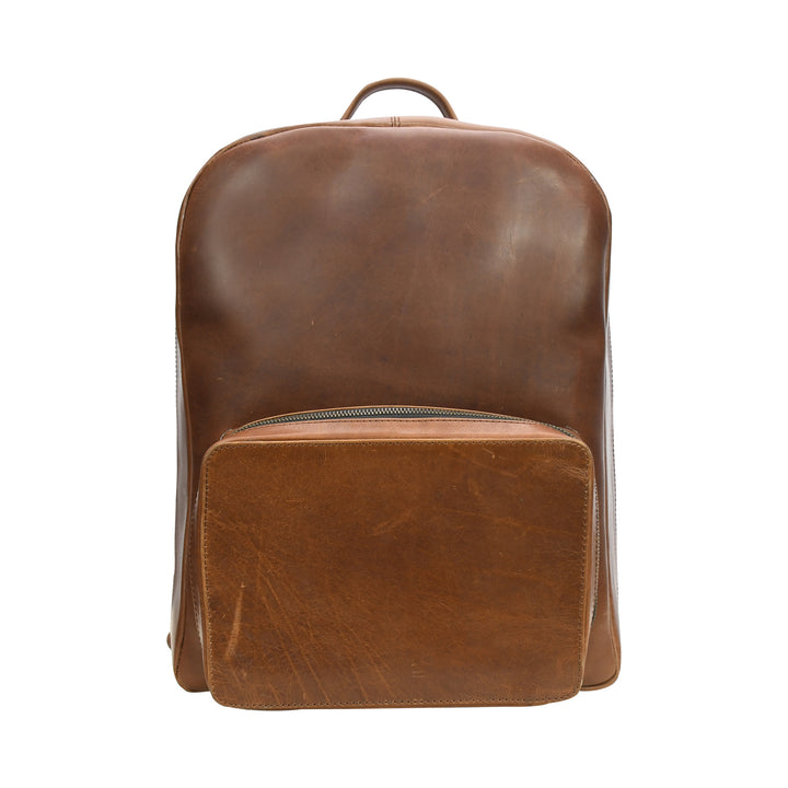 Brown leather backpack on a white background