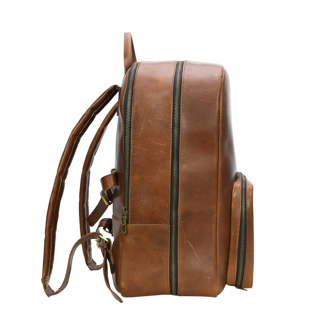 Brown leather backpack with a zipper on a white background