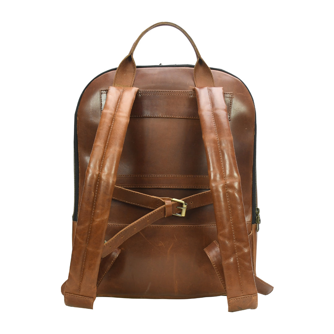 Brown leather backpack on a white background