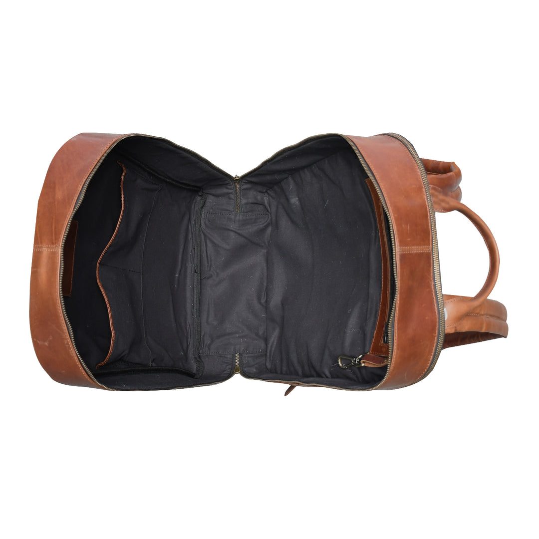 Brown leather backpack with open front pocket on a white background