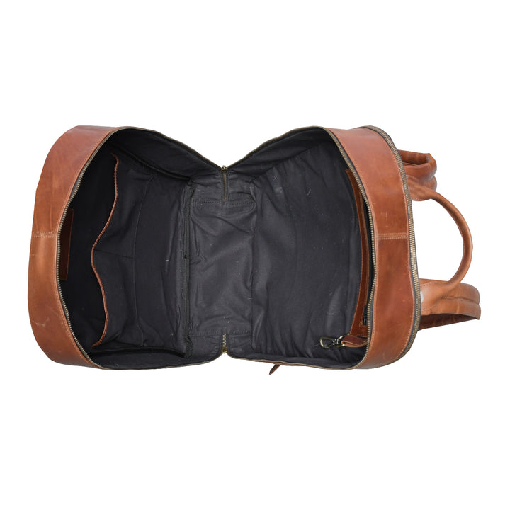 Brown leather backpack with open front pocket on a white background
