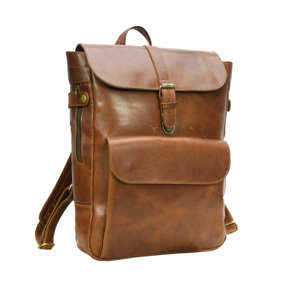 Brown leather backpack on a white background