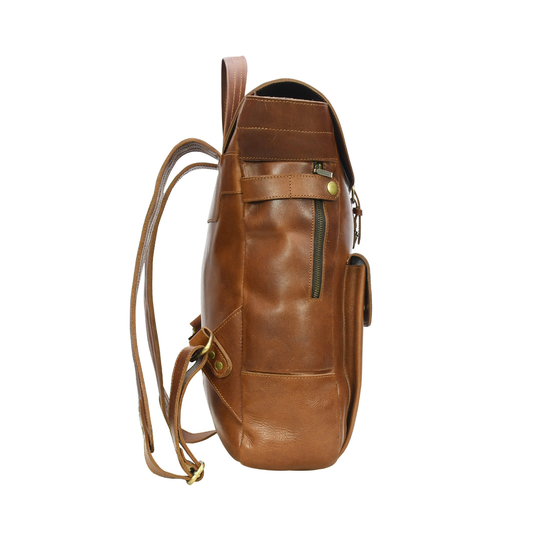 Brown leather backpack on a white background