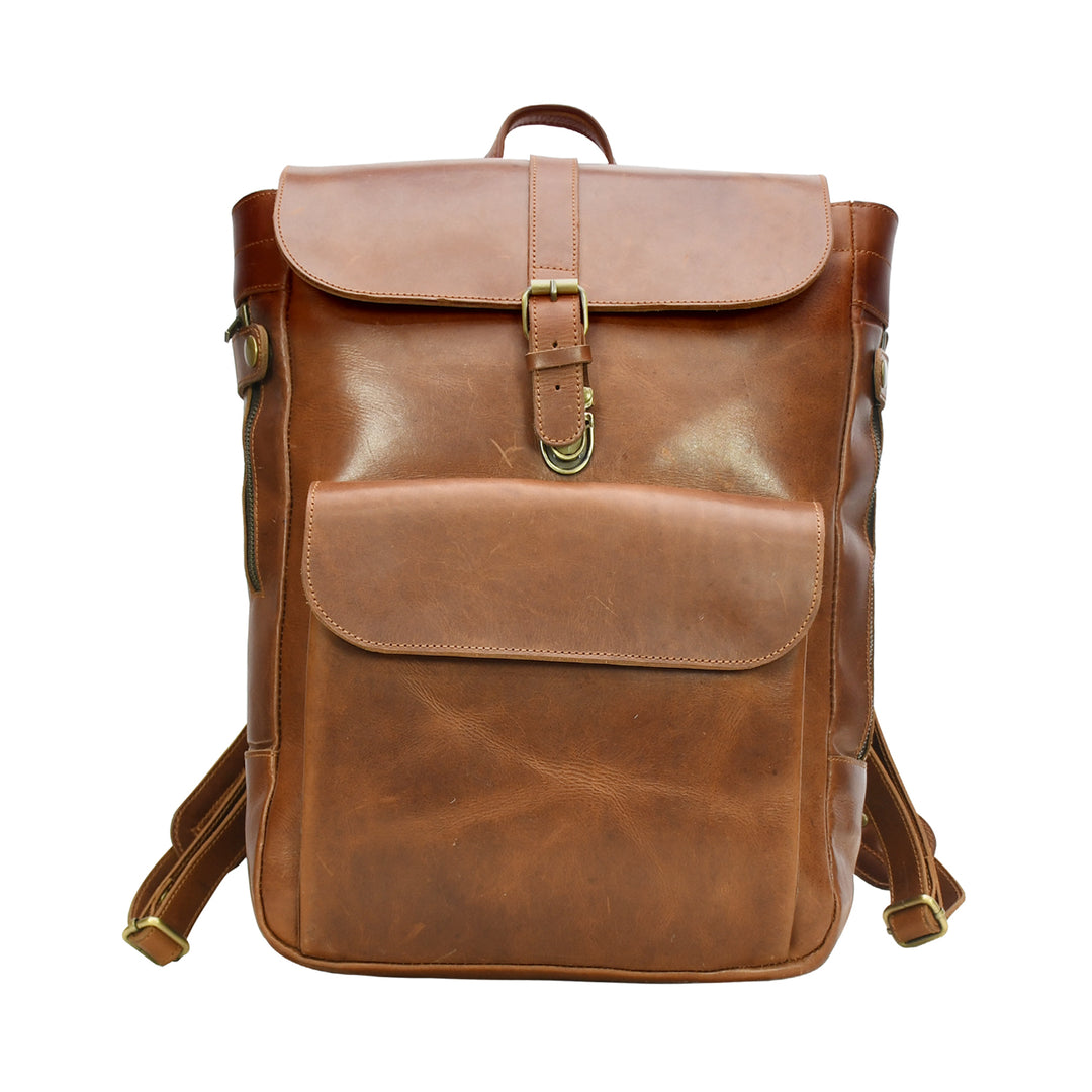 Brown leather backpack on a white background