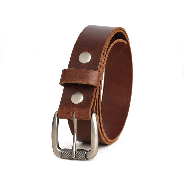 Brown leather belt with silver buckle on a white background