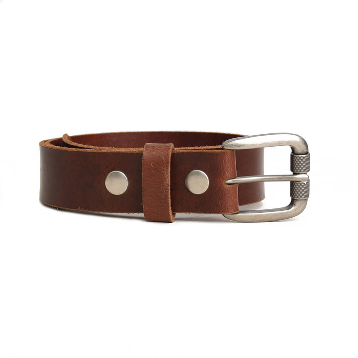 Brown leather belt with silver buckle on a white background