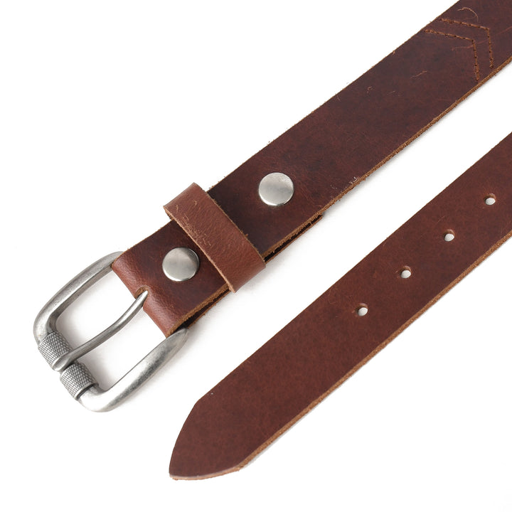 Brown leather belt with silver buckle on a white background