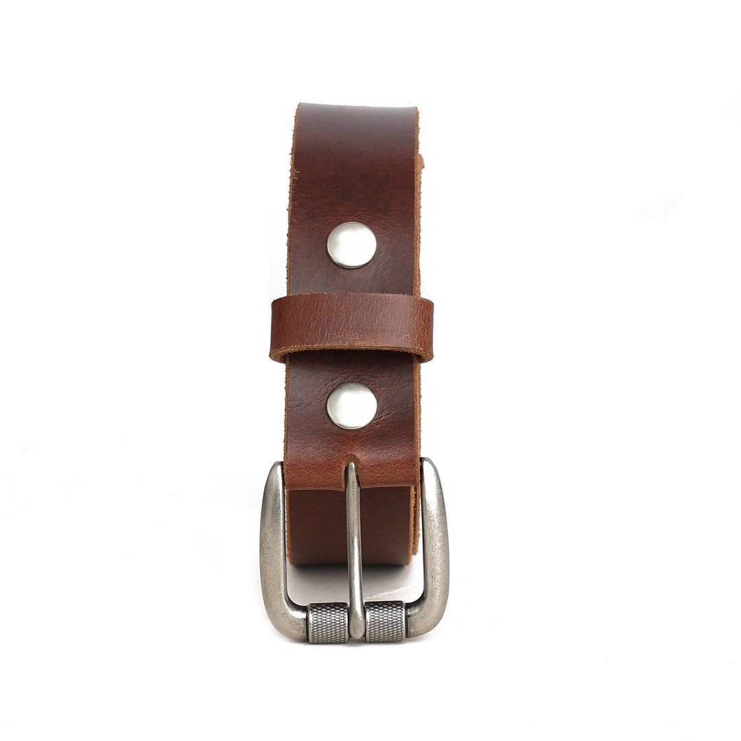 Brown leather belt with silver buckle on a white background