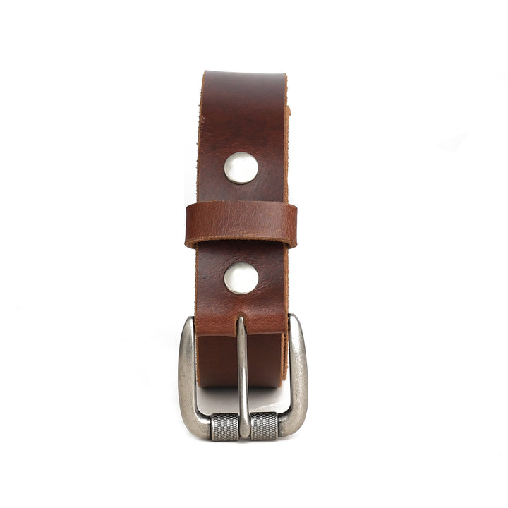 Brown leather belt with silver buckle on a white background