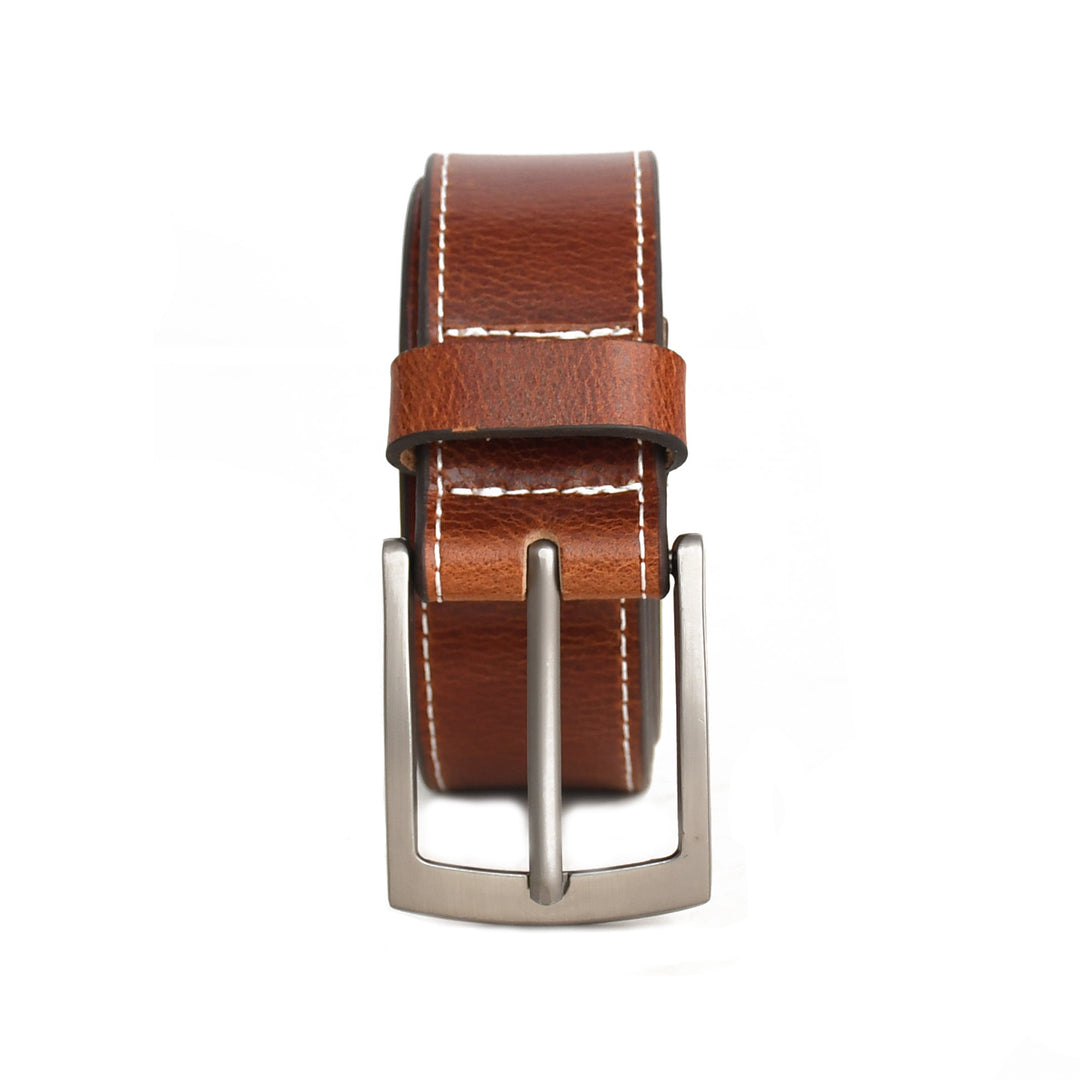 Brown leather belt with silver buckle on a white background