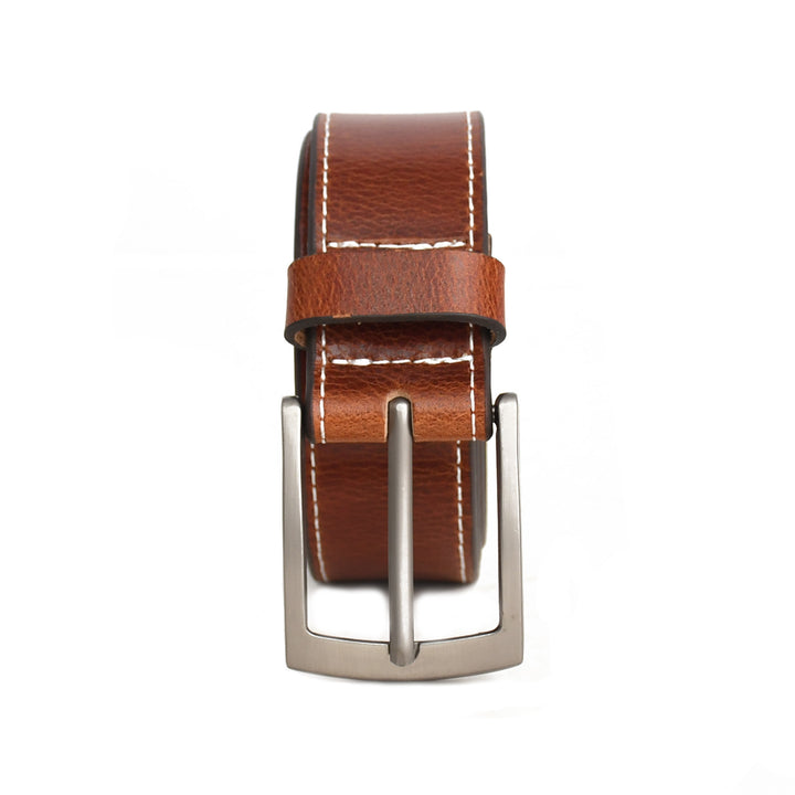 Brown leather belt with silver buckle on a white background