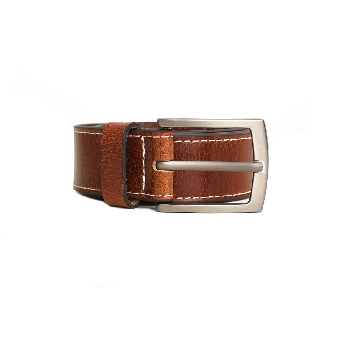Brown leather belt with a silver buckle on a white background