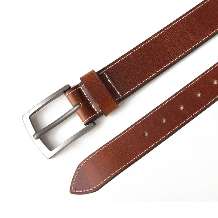 Brown leather belt with silver buckle on a white background