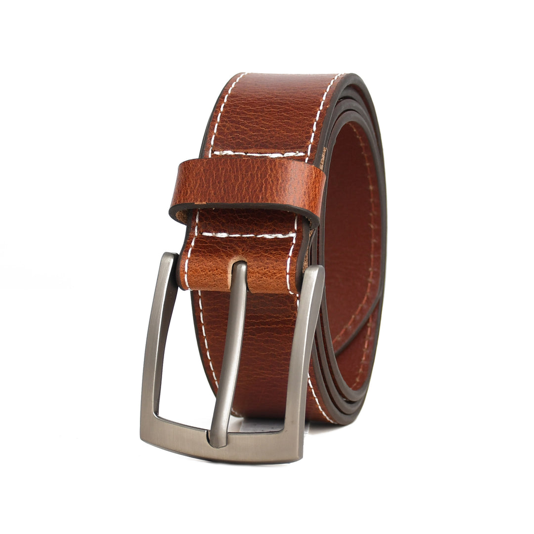 Brown leather belt with silver buckle on a white background