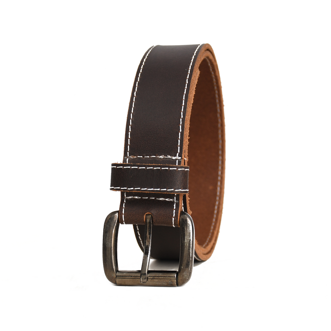 Brown leather belt with a silver buckle on a white background