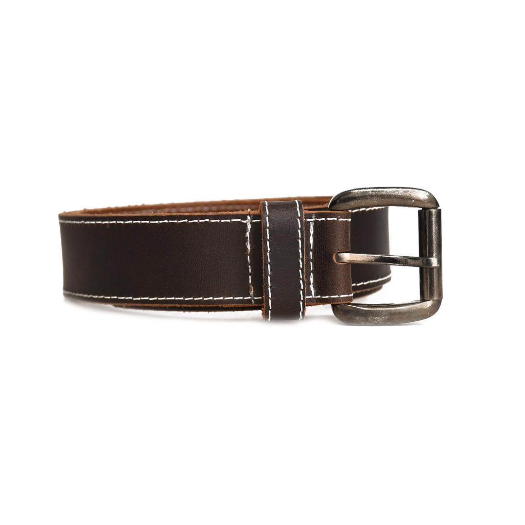Brown leather belt with a silver buckle on a white background