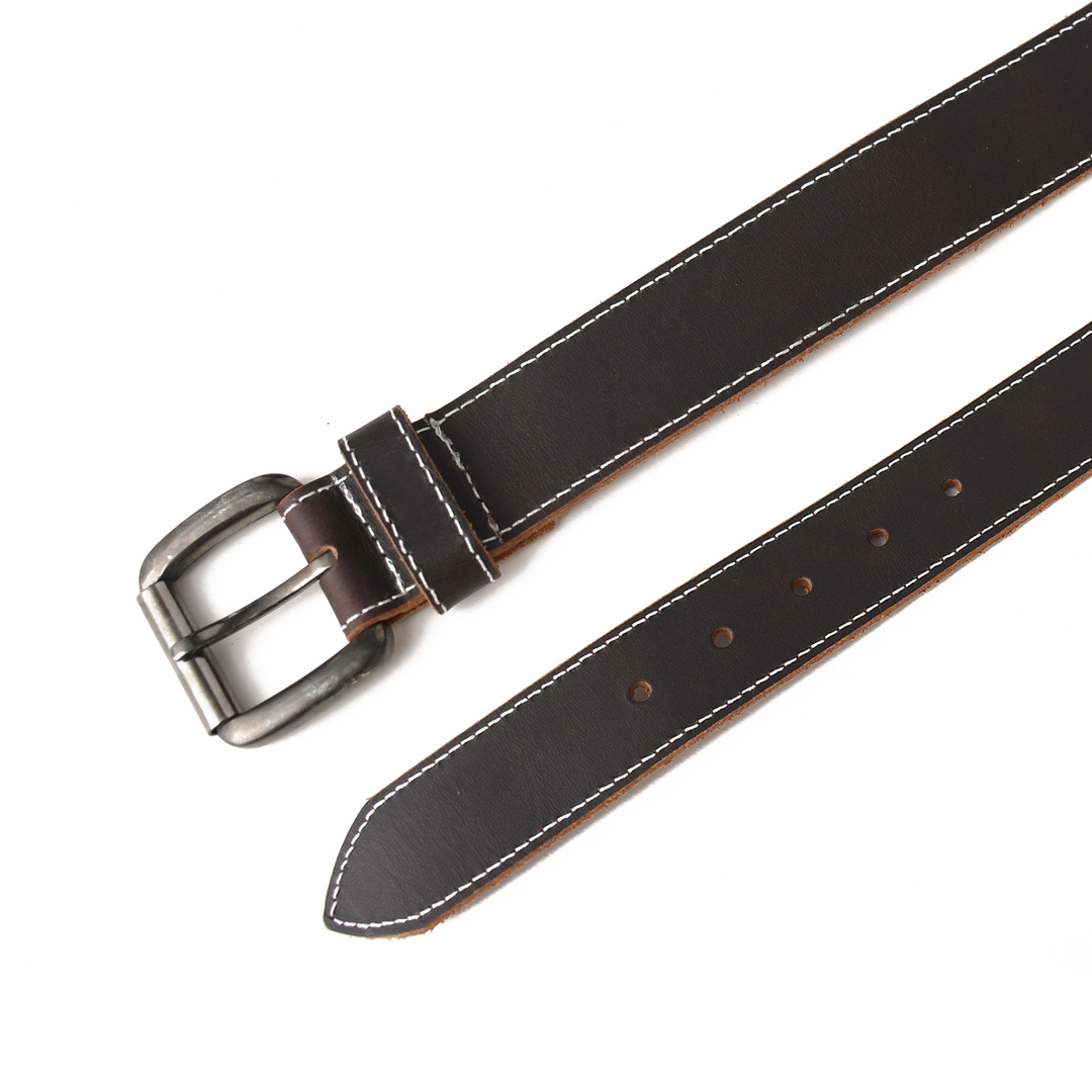 Brown leather belt with silver buckle on a white background